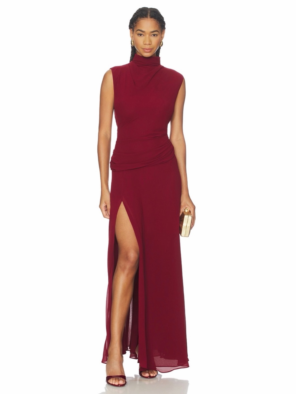 L’Academie Revolve Amouage Wine Red Funnel Neck Draped Slit Evening Gown XS NWT
